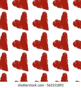 Dark red sketch vector hearts pattern isolated on white background.