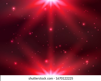 El cielo rojo oscuro con la caída de las estrellas y los rayos de luz. Ilustración de material vectorial para afiches