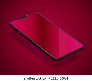 Dark red smartphone. 3d realistic vector phone. Imaginary design. Ruby and crimson gradients. Perspective view.