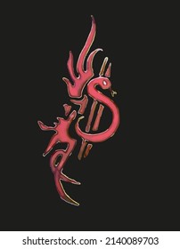 Dark red snake symbol in dollar form on black for your design. Flaming ethnic winding snake with floral motif for business concepts, textiles or prints, fabric, emblems on shields, wallpaper, fashion 