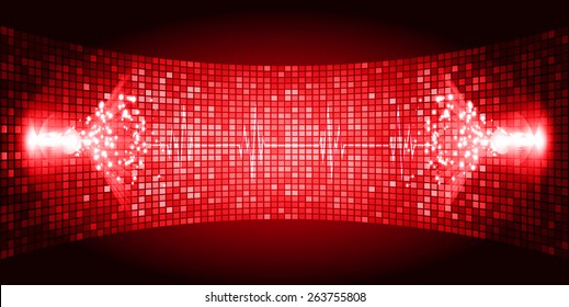 Dunkelrot Klangwellenhintergrund geeignet als Kulisse für Musik-, Technik- und Klangprojekte. Herzpulsmonitor mit Signal. Herzschlag.