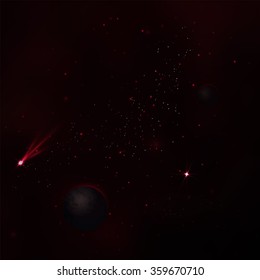 Dark red space with many stars and light. Vector magic background with light