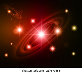 Dark red sparkling background with stars in the sky and blurry lights, illustration. Abstract, Universe, Galaxies, ring. 