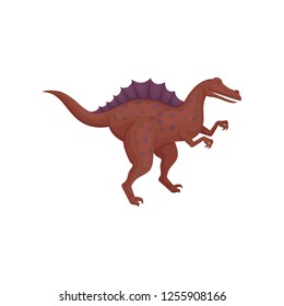 Dark red spinosaurus standing isolated on white background. Dinosaur with spotted body and long tail. Flat vector design
