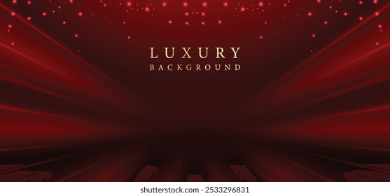 Dark Red stage with spotlight lines and texture for award ceremony design. Realistic 3d abstract premium elegant glamour background template for anniversary or winner rewarding.