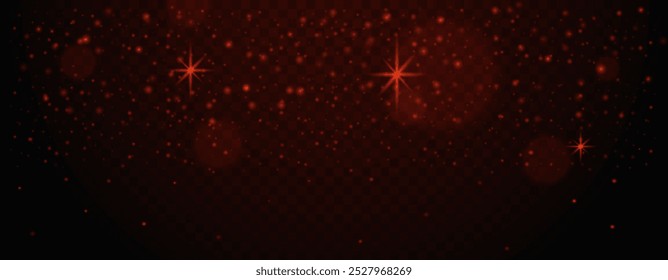 Dark red starry sky with glowing particles and light flares on transparent background. Abstract sparkling effects Glare light effect. Star dust, sparkles. Neon light. Night star