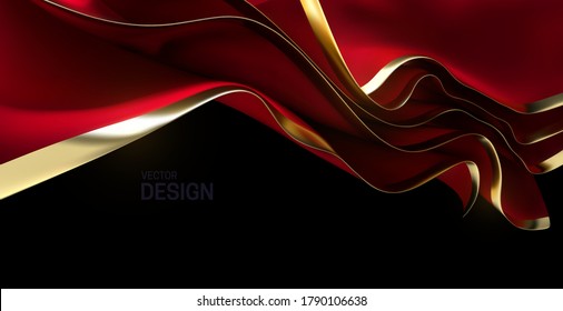 Dark red streaming velvet fabric. Abstract elegant background. Vector 3d illustration. Wavy layered textile with golden edges. Flowing silky cloth. Opening ceremony or anniversary decoration element.