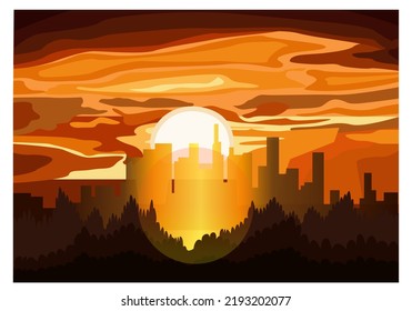 dark red sunset with tree and city background vector design elements illustration