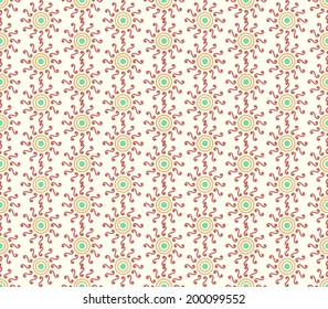 Dark red swirl or spiral and circle pattern on pastel background. Vintage and sweet seamless pattern for retro or classic design