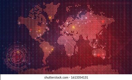 Dark red technological map of the world with luminous dots, global information network on a digital screen