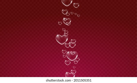 Dunkelroter, transparenter Hintergrund mit weißen, herzförmigen Seifenblasen für Valentinenkarte. Vektorgrafik