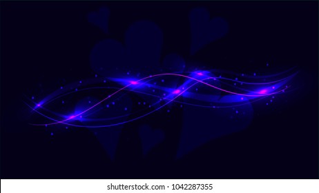 Dark red transparent hearts and abstract shining magical cosmic magical energy lines, rays with glare and dots and light shines on a red background. Vector illustration.