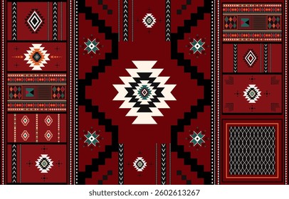 Dark red tribal seamless pattern vector with geometric motifs.Traditional ornamental textile design for textiles and fabric printing,carpet,background,wallpaper,Vintage Aztec,Navajo style.