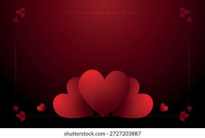 Fondo rojo oscuro del día de San Valentín con tres corazones y marco discontinuo, concepto elegante del amor