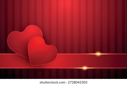 Fondo rojo oscuro del día de San Valentín con dos corazones y Anuncio Horizontal de la cinta, Plantilla elegante lujosa