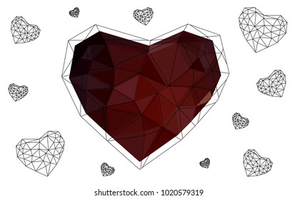 Dark Red vector abstract glitter heart shape on white background in love concept for valentine's day with sweet and romantic moment. Polygonal design for your business.