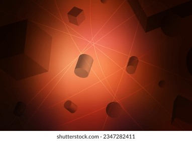 Dark Red vector background with 3D cubes, cylinders, spheres, rectangles. Illustration with a set of geometrical shapes. Modern template for landing page.