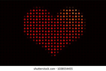 Dark Red vector background with cards signs. Shining illustration with hearts, spades, clubs, diamonds. Template for business cards of casinos.