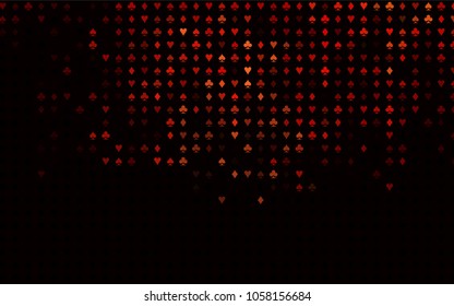Dark Red vector background with cards signs. Colorful gradient with signs of hearts, spades, clubs, diamonds. Pattern for booklets, leaflets of gambling houses.