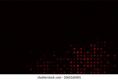 Dark Red vector background with cards signs. Glitter abstract sketch with isolated symbols of playing cards. Template for business cards of casinos.