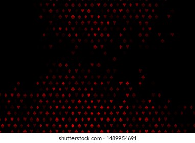 Dark Red vector background with cards signs. Colored illustration with hearts, spades, clubs, diamonds. Pattern for ads of parties, events in Vegas.