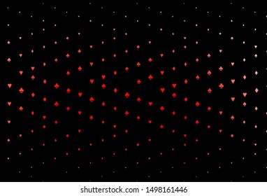 Dark Red vector background with cards signs. Illustration with set of hearts, spades, clubs, diamonds. Design for ad, poster, banner of gambling websites.