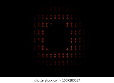 Dark Red vector background with cards signs. Colored illustration with hearts, spades, clubs, diamonds. Template for business cards of casinos.