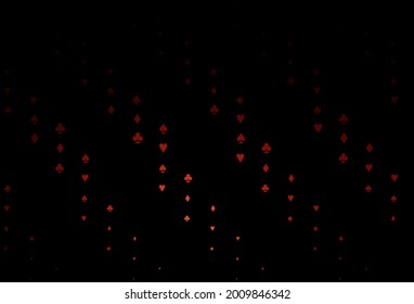 Dark Red vector background with cards signs. Shining illustration with hearts, spades, clubs, diamonds. Template for business cards of casinos.