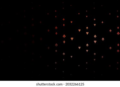 Dark Red vector background with cards signs. Colored illustration with hearts, spades, clubs, diamonds. Template for business cards of casinos.