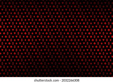 Dark red vector background with cards signs. Illustration with set of hearts, spades, clubs, diamonds. Smart design for your business advert of casinos.