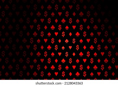 Dark red vector background with cards signs. Illustration with set of hearts, spades, clubs, diamonds. Pattern for ads of parties, events in Vegas.