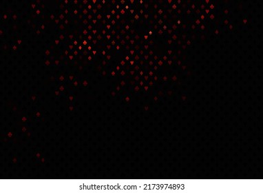 Dark red vector background with cards signs. Colorful gradient with signs of hearts, spades, clubs, diamonds. Pattern for booklets, leaflets of gambling houses.