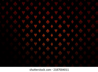 Dark red vector background with cards signs. Illustration with set of hearts, spades, clubs, diamonds. Pattern for booklets, leaflets of gambling houses.