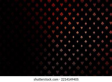 Dark red vector background with cards signs. Glitter abstract sketch with isolated symbols of playing cards. Pattern for ads of parties, events in Vegas.