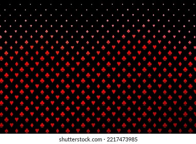 Dark red vector background with cards signs. Colorful gradient with signs of hearts, spades, clubs, diamonds. Pattern for leaflets of poker games, events.