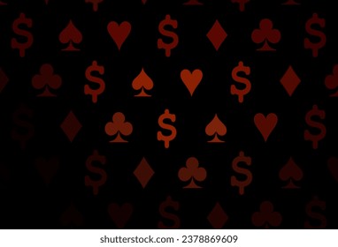 Dark red vector background with cards signs. Shining illustration with hearts, spades, clubs, diamonds. Pattern for ads of parties, events in Vegas.