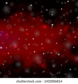 Dark Red vector background with circles, stars. Glitter abstract illustration with colorful drops, stars. Template for business cards, websites.