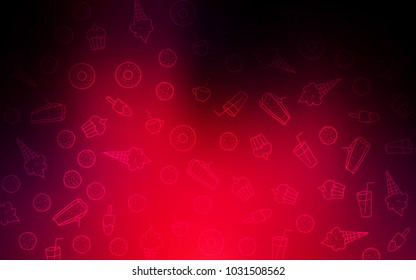 Dark Red vector background with tasty sweets. Blurred decorative design of desserts in doodle style. Pattern for ads of breakfast, lunch, dinner.