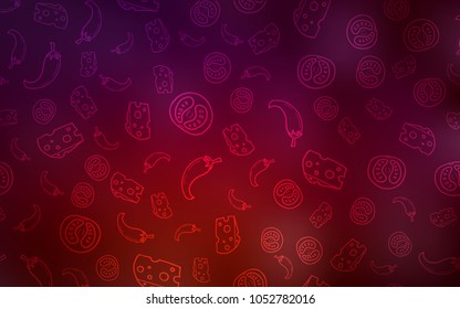 Dark Red vector background with tasty food. Fast Food on blurred abstract background with colorful gradient. Template for meal cooking in kitchen.