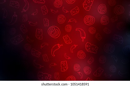 Dark Red vector cover with cuisine gourmet. Fast Food on blurred abstract background with colorful gradient. Pattern for ads of breakfast, lunch, dinner.