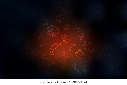 Dark Red vector cover with cuisine gourmet. Fast Food on blurred abstract background with colorful gradient. Pattern for ads of breakfast, lunch, dinner.