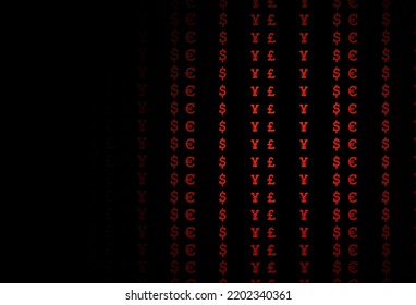 Cobertura vectorial roja oscura con EUR, USD, GBP, JPY. Ilustración abstracta con símbolos digitales financieros de colores. Plantilla para anuncios de mercados, préstamos.