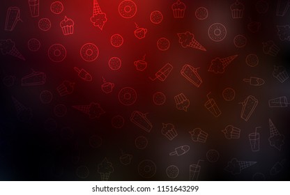 Dark Red vector cover with set of confections. Blurred decorative design of desserts in doodle style. Pattern for ad, booklets, leaflets of restaurants.