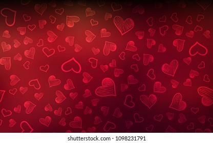 Dark Red vector cover with Shining hearts. Blurred decorative design in doodle style with hearts. Pattern for marriage gifts, congratulations.
