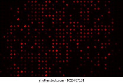 Dark Red vector cover with symbols of gamble. Blurred decorative design of hearts, spades, clubs, diamonds. Template for business cards of casinos.