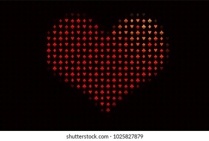 Dark Red vector cover with symbols of gamble. Colored illustration with hearts, spades, clubs, diamonds. Pattern for booklets, leaflets of gambling houses.