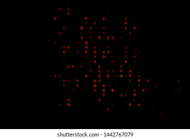 Dark Red vector cover with symbols of gamble. Blurred decorative design of hearts, spades, clubs, diamonds. Template for business cards of casinos.