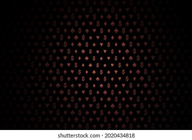 Dark red vector cover with symbols of gamble. Glitter abstract sketch with isolated symbols of playing cards. Pattern for ads of parties, events in Vegas.
