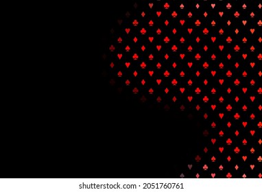 Dark red vector cover with symbols of gamble. Illustration with set of hearts, spades, clubs, diamonds. Design for ad, poster, banner of gambling websites.