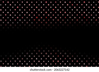 Dark red vector cover with symbols of gamble. Colorful gradient with signs of hearts, spades, clubs, diamonds. Pattern for ads of parties, events in Vegas.